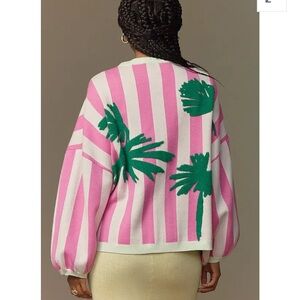 BEL KAZAN Open Front Cardigan Sweater Striped Pockets Oversized Pink Green OS